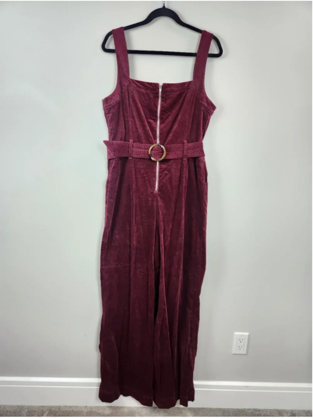 Anthropologie Pilcro Burgundy Leather Corduroy Jumpsuit Overalls Wide Leg Sz 12